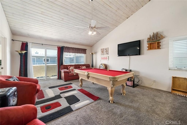 recreation room featuring carpet flooring, ceiling fan, wooden ceiling, and high vaulted ceiling