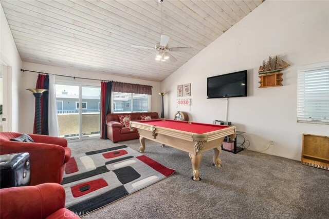 1652 Strand Way, Oceano, CA 93445 - recreation room featuring carpet flooring, lofted ceiling, billiards, a ceiling fan, and wood ceiling