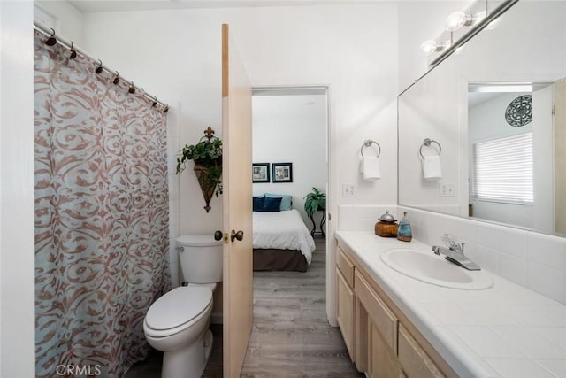 bathroom featuring wood-type flooring, vanity, tasteful backsplash, and toilet