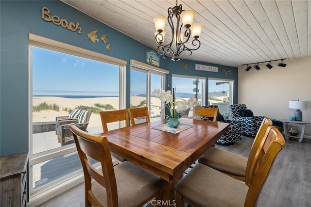 dining area with an inviting chandelier, a water view, rail lighting, hardwood / wood-style flooring, and wood ceiling