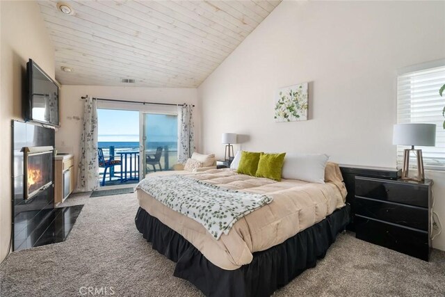 1652 Strand Way, Oceano, CA 93445 - bedroom featuring access to outside, lofted ceiling, light carpet, and wooden ceiling