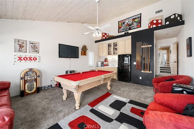 playroom with ceiling fan, wooden ceiling, dark colored carpet, high vaulted ceiling, and pool table