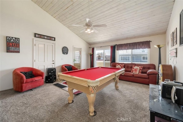 recreation room featuring carpet floors, wood ceiling, ceiling fan, and pool table