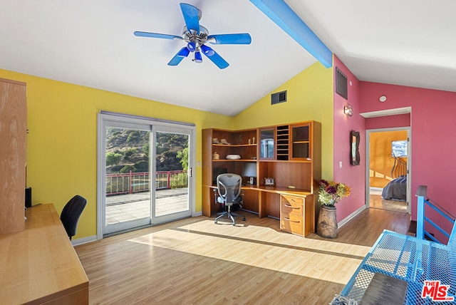 office featuring hardwood / wood-style floors, ceiling fan, and high vaulted ceiling