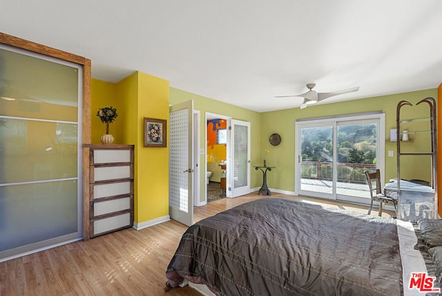 bedroom with access to outside, ceiling fan, french doors, and light hardwood / wood-style floors