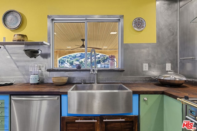 kitchen with wood counters, backsplash, stainless steel dishwasher, and sink