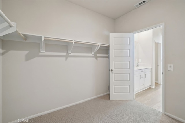 walk in closet with light colored carpet