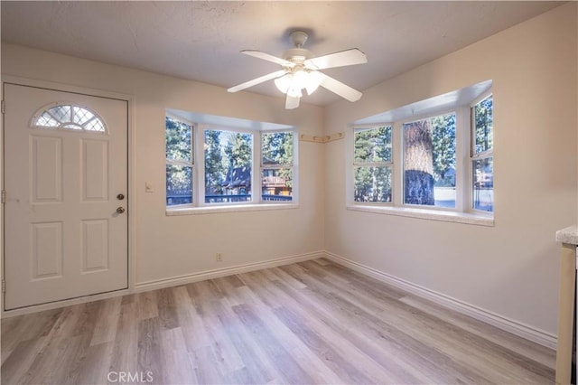 foyer with ceiling fan, a healthy amount of sunlight, and light wood-type flooring