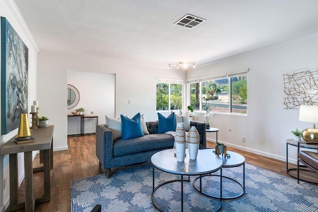 living room featuring dark hardwood / wood-style floors and ornamental molding