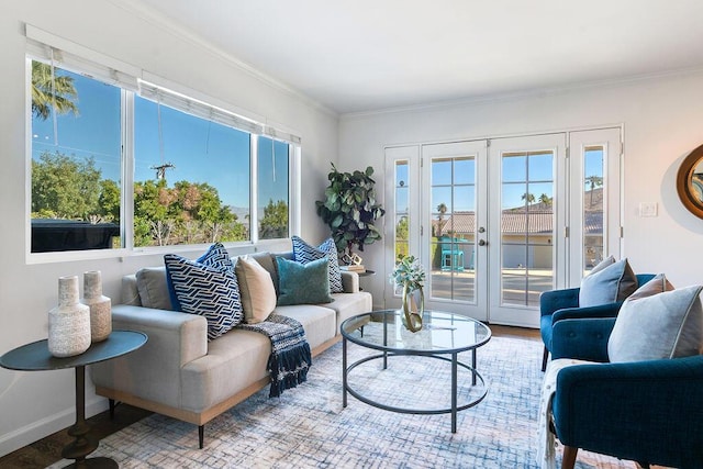 interior space with crown molding, plenty of natural light, french doors, and hardwood / wood-style flooring