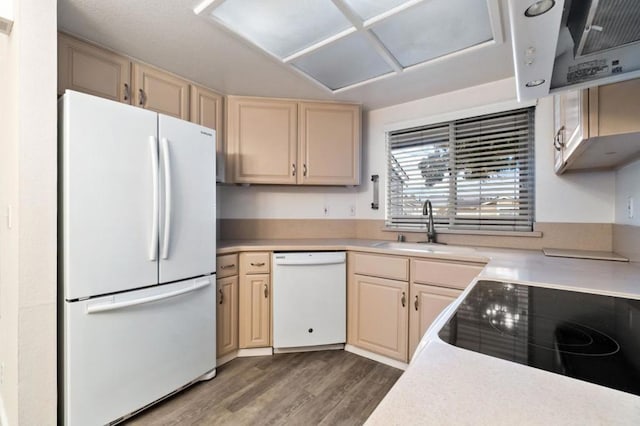 kitchen with light brown cabinetry, sink, dark hardwood / wood-style floors, and white appliances