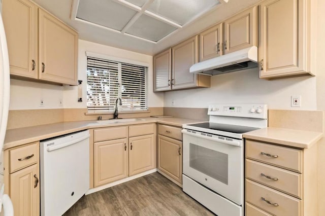 kitchen with light brown cabinets, dark hardwood / wood-style flooring, white appliances, and sink