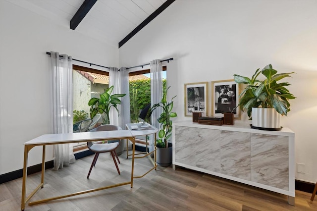 office featuring beamed ceiling, wood-type flooring, high vaulted ceiling, and wooden ceiling