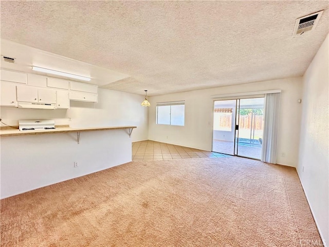 unfurnished living room featuring light carpet and a textured ceiling