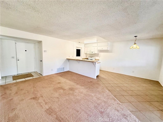 unfurnished living room featuring light carpet and a textured ceiling