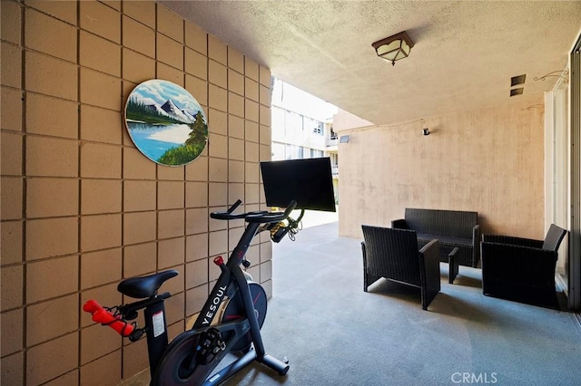 workout area with carpet flooring and a textured ceiling