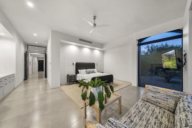 bedroom featuring access to exterior and ceiling fan