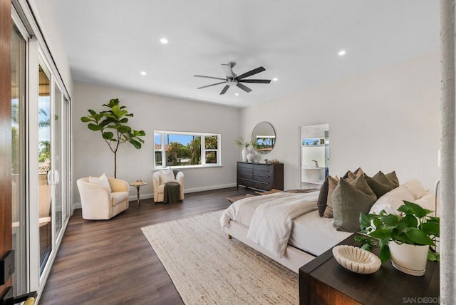 bedroom with ceiling fan and dark hardwood / wood-style floors