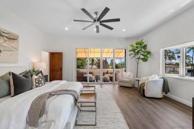 bedroom with ceiling fan, access to outside, and wood-type flooring