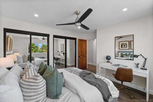 bedroom featuring ceiling fan and dark hardwood / wood-style flooring