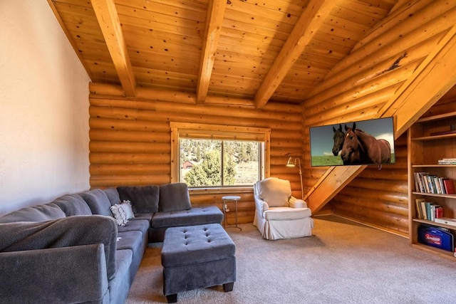 living room with log walls, lofted ceiling with beams, wooden ceiling, and carpet flooring