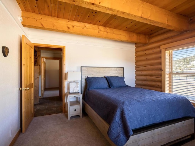 tiled bedroom featuring beam ceiling, log walls, and wood ceiling