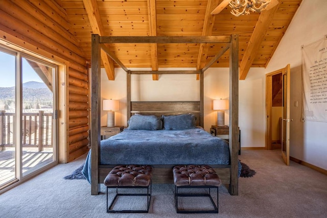 bedroom with a mountain view, lofted ceiling with beams, wooden ceiling, and access to outside