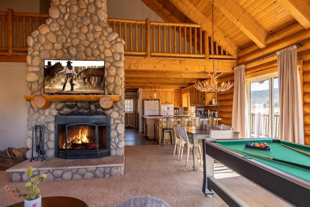 playroom with high vaulted ceiling, a fireplace, log walls, beamed ceiling, and wood ceiling