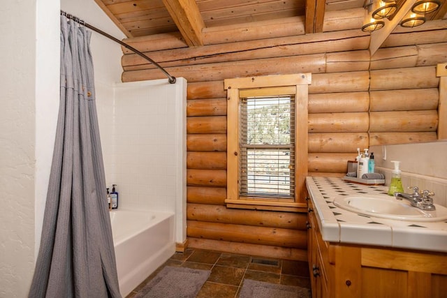 bathroom featuring vanity, lofted ceiling, log walls, wood ceiling, and shower / tub combo