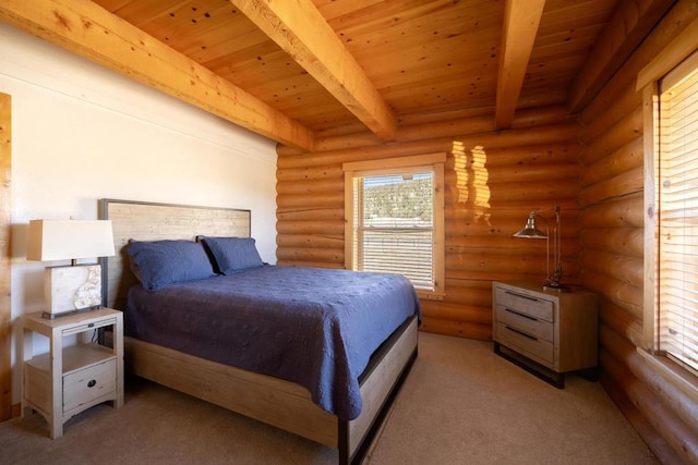 bedroom with beam ceiling, light colored carpet, wood ceiling, and rustic walls