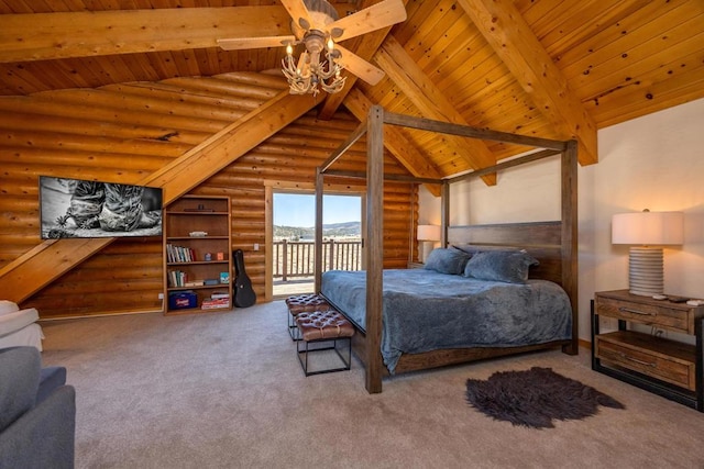 carpeted bedroom with access to outside, ceiling fan, log walls, and wooden ceiling