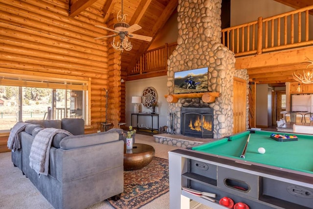 recreation room featuring carpet, ceiling fan, high vaulted ceiling, wooden ceiling, and a stone fireplace