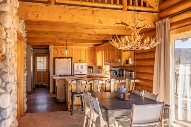 tiled dining space featuring log walls, a chandelier, and sink