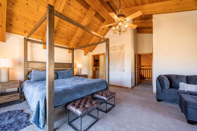 carpeted bedroom with beam ceiling, high vaulted ceiling, ceiling fan, and wooden ceiling