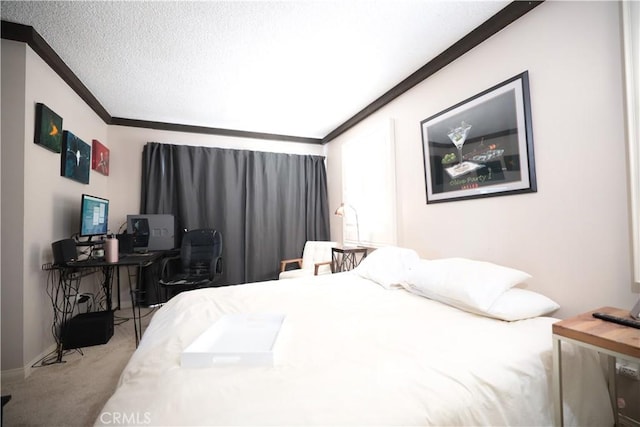 carpeted bedroom featuring a textured ceiling and ornamental molding