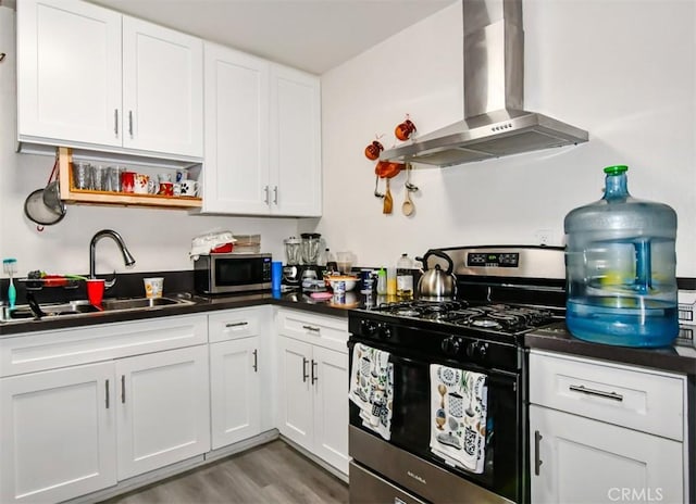 kitchen with exhaust hood, white cabinets, sink, hardwood / wood-style flooring, and stainless steel appliances