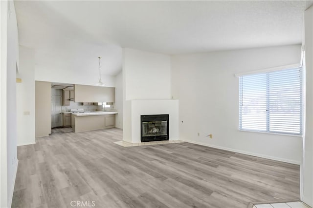 unfurnished living room with light hardwood / wood-style flooring and lofted ceiling