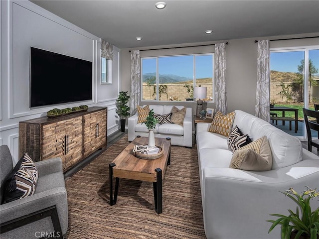 living room with dark hardwood / wood-style floors and a wealth of natural light