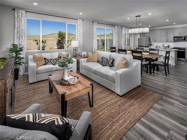 living room featuring a mountain view and light hardwood / wood-style floors