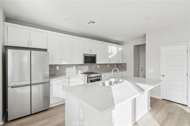 kitchen with stainless steel appliances, white cabinetry, sink, and a center island with sink