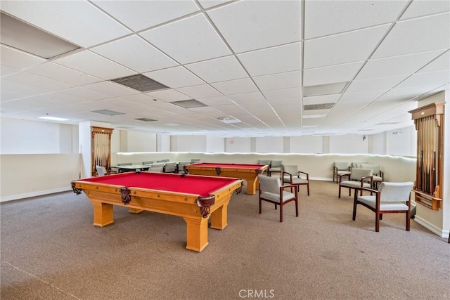 playroom with a paneled ceiling, carpet floors, and pool table