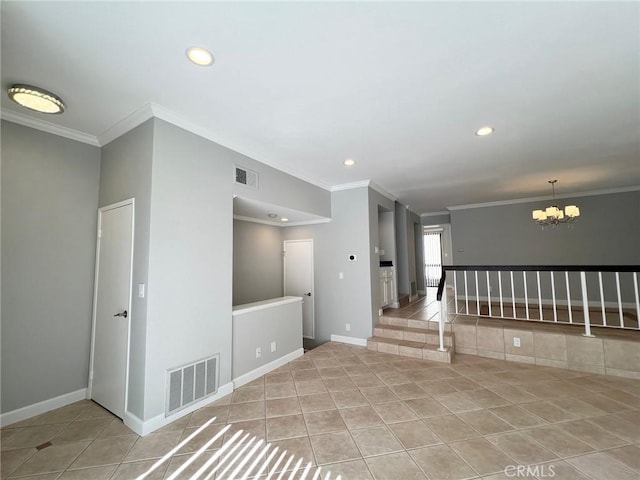 tiled empty room with crown molding and a chandelier