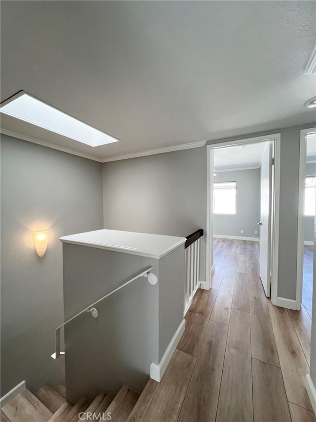 hall with a skylight, crown molding, and light hardwood / wood-style floors