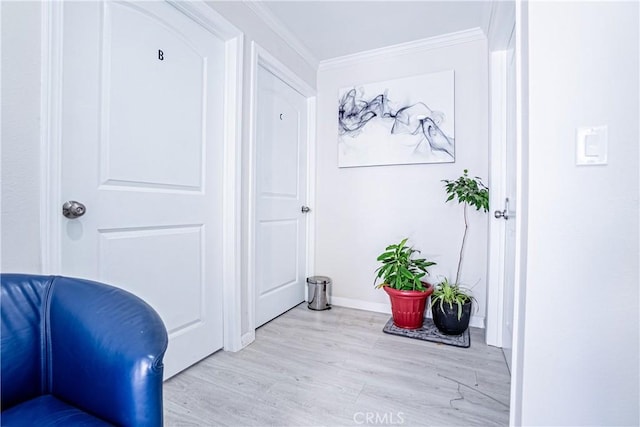 interior space with ornamental molding and light wood-type flooring