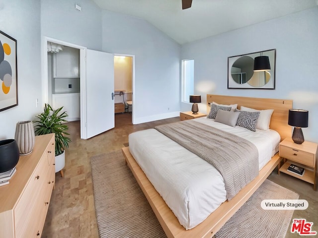 bedroom with ceiling fan and lofted ceiling