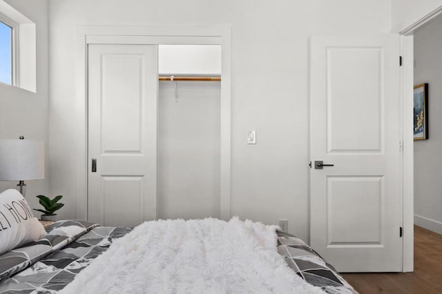 bedroom with dark hardwood / wood-style flooring and a closet