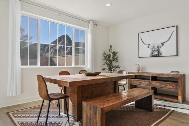 dining area featuring a mountain view and wood-type flooring