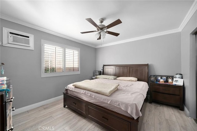 bedroom with ceiling fan, light wood-type flooring, and ornamental molding