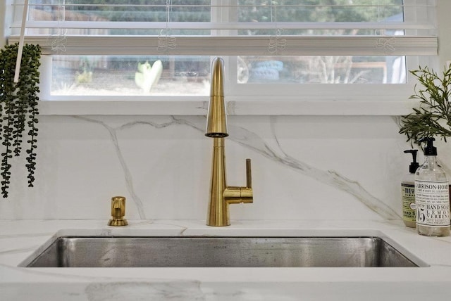 details featuring light stone counters and sink