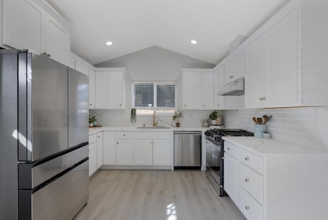 kitchen featuring lofted ceiling, stainless steel appliances, sink, and decorative backsplash